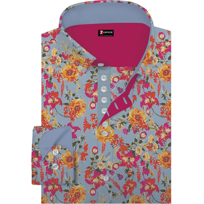 Camicia Uomo 1 Bottoni Button Down Slim Popeline Stampato Celeste Rosso Corallo