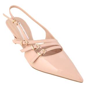 Dècolletè slingback verniciate con tacco basso a rocchetto e fibbiette