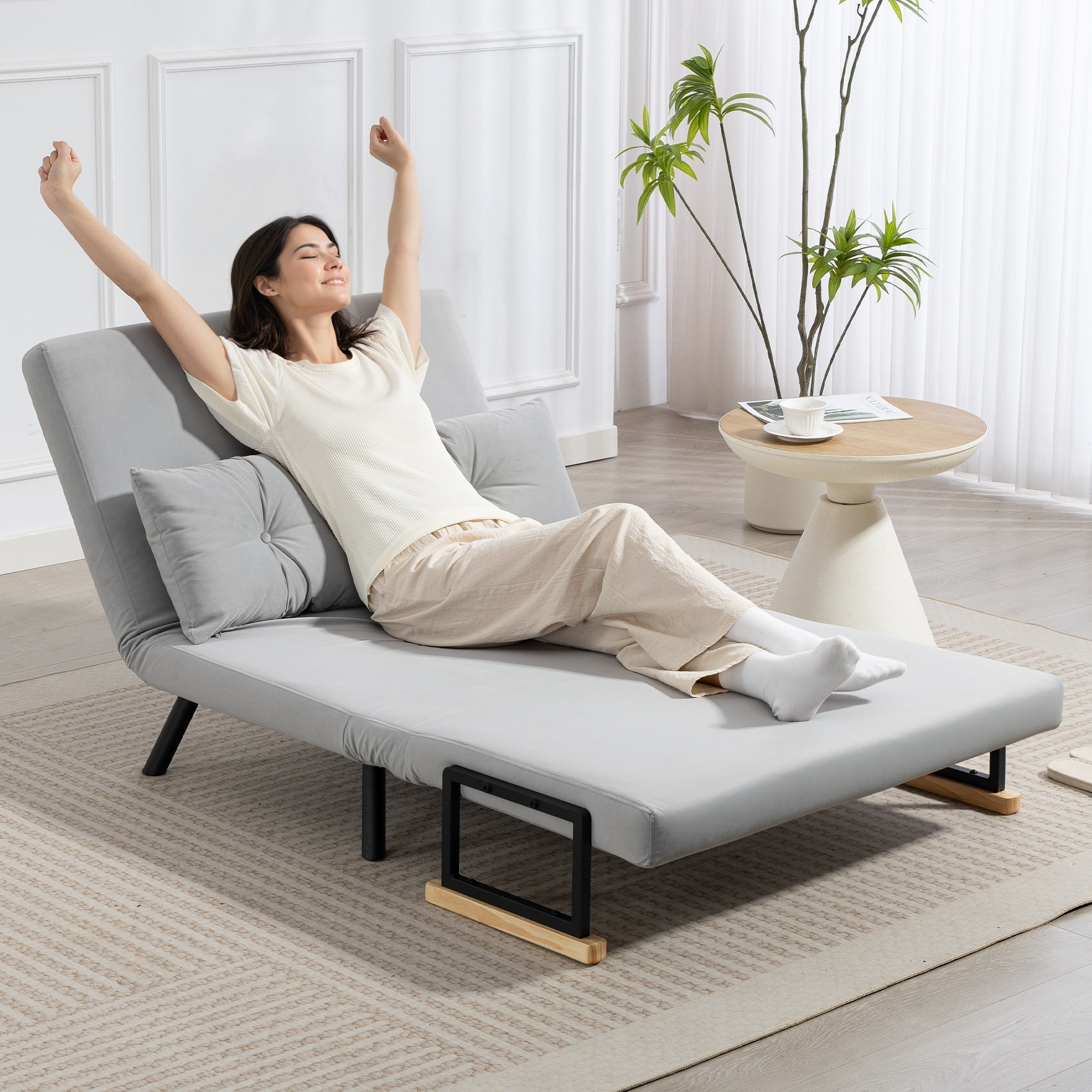 Sofá Cama de 2 Plazas 4 en 1, Sofá Cama Plegable Tapizado en Terciopelo con Respaldo Ajustable de 5 Niveles y Almohadas Acolchadas, para Oficina, Dormitorio, Salón, 102x73x81 cm, Gris Claro