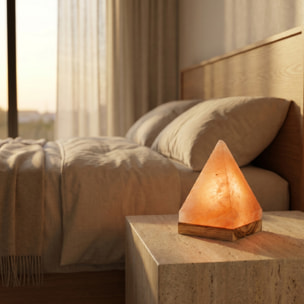Lampada di sale himalayano piramide 13x20 cm, lampada sale rosa naturale con base in legno acacia, luce calda rilassante decorativa, ideale per camera salotto meditazione e idea regalo benessere