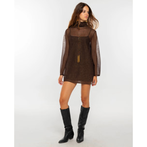 Vestido corto de tul con lurex y manga larga evasé de mujer