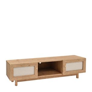 Meuble TV en bois massif et tissu lin 2 portes ton chêne foncé 150x40cm Hauteur: 40 Longueur: 150 Largeur: 42