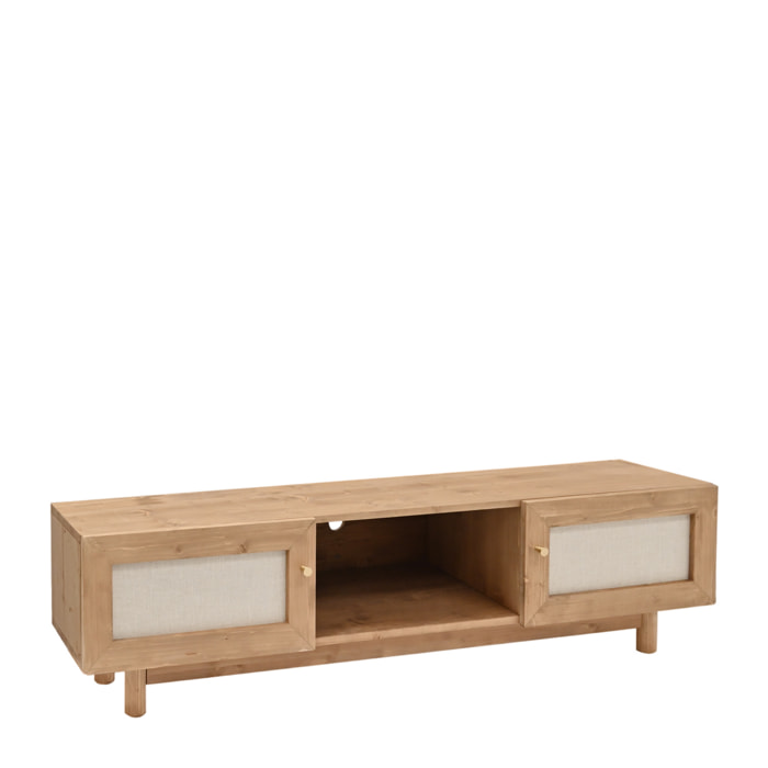 Meuble TV en bois massif et tissu lin 2 portes ton chêne foncé 150x40cm Hauteur: 40 Longueur: 150 Largeur: 42
