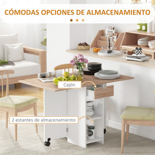 Mesa Plegable de Comedor Mesa de Cocina Plegable con Ruedas Alas Abatibles Cajón y Estantes Mesa Plegable para 2-4 Personas 120x72x75 cm Roble y Blanco