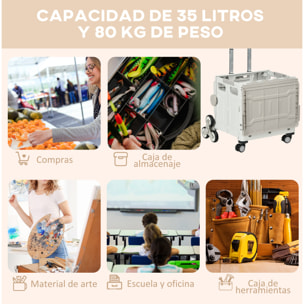 Carrito de la Compra Plegable Carrito para Supermercado con 2 Ruedas Longitud de Mango Ajustable Capacidad 35 Litros para Oficina Escuela Hogar 48x43x95 cm Blanco
