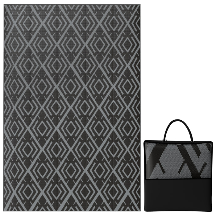 Alfombra de Exterior 182x274 cm Alfombra Reversible con Patrón Geométrico de Rombos Impermeable Bolsa de Transporte para Terraza Balcón Patio Camping Playa Negro