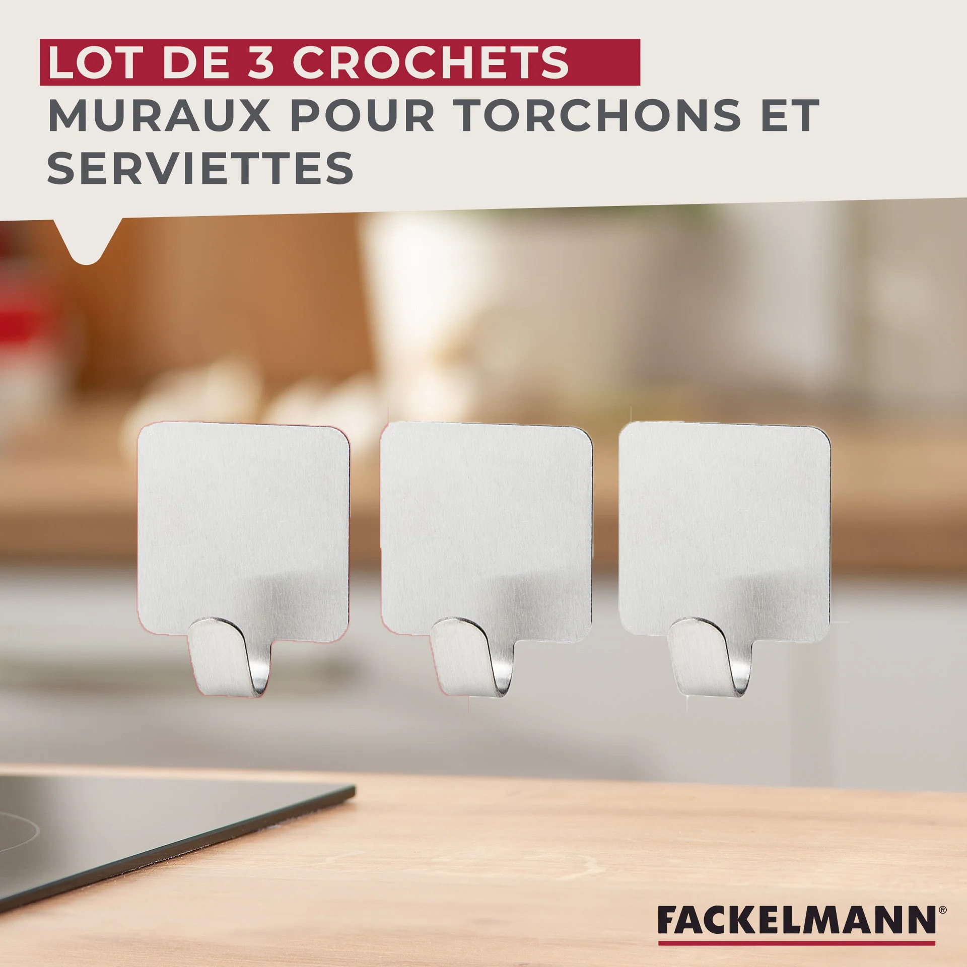 Lot de 3 crochets adhésifs carrés en acier inoxydable Fackelmann Tecno