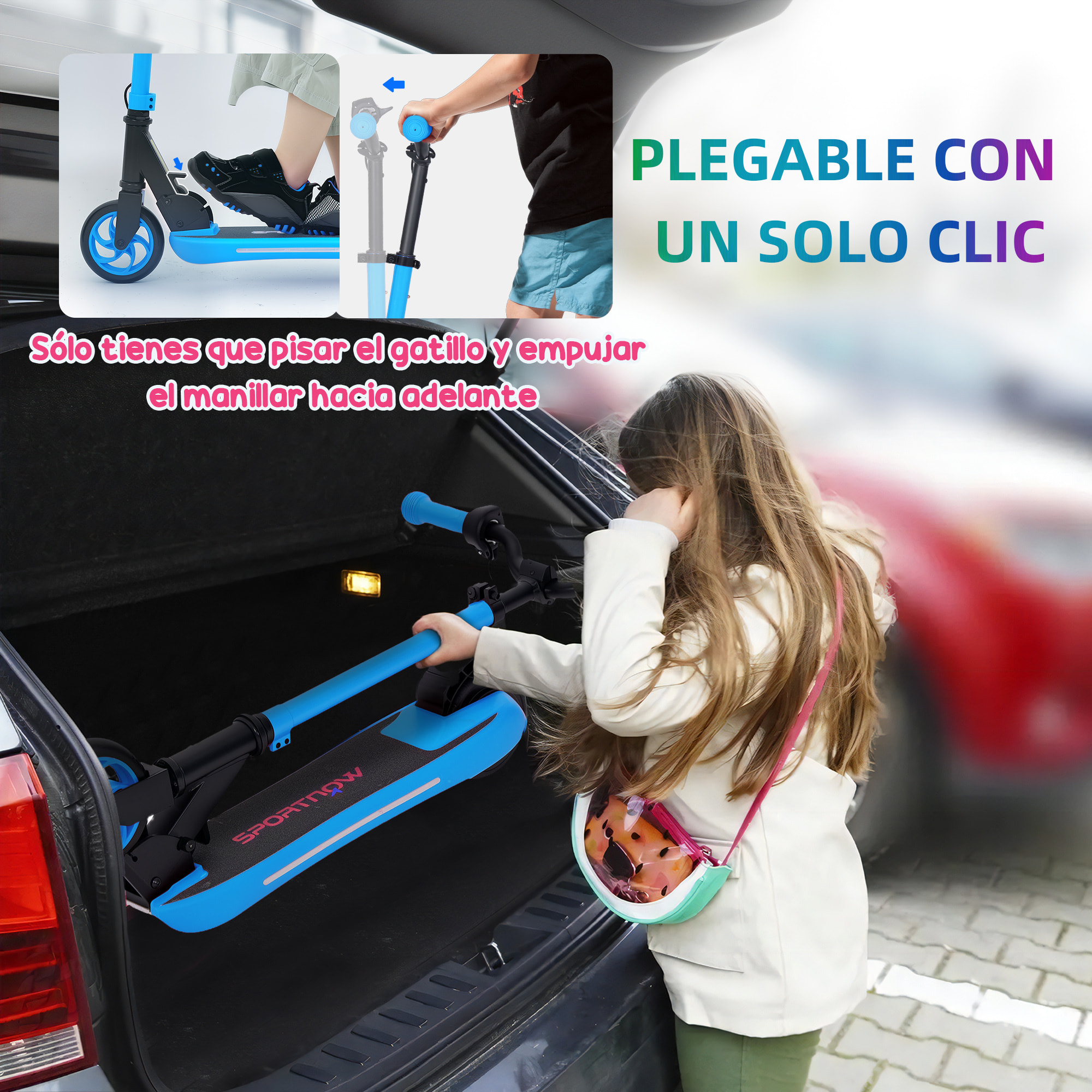 Patinete Eléctrico Plegable MAX 10 KM/H Patín Eléctrico de +6 Años Motor 120 W Autonomía 6 KM Ruedas de 5" - 5,5" Freno Posterior Altura Ajustable Luces LED y Marco de Aluminio Azul