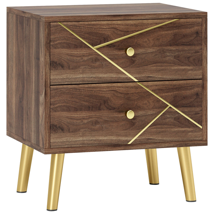Table de chevet design 2 tiroirs piètement effilé incliné acier poignées boutons lignes dorées effet bois