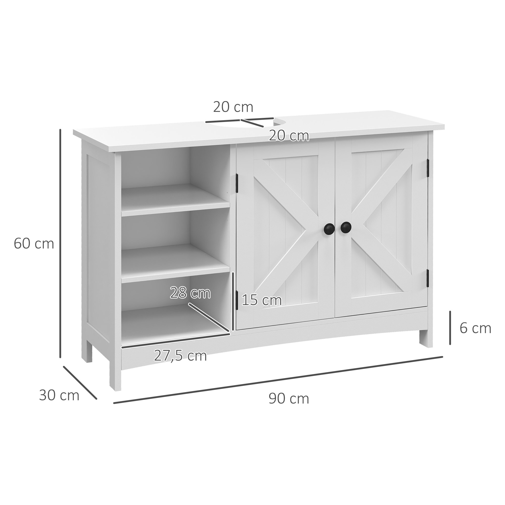 Meuble vasque - meuble sous-vasque - 2 portes croisillon, étagère, 3 niches - poignées boutons métal noir - dim. 90L x 30l x 60H cm - MDF blanc