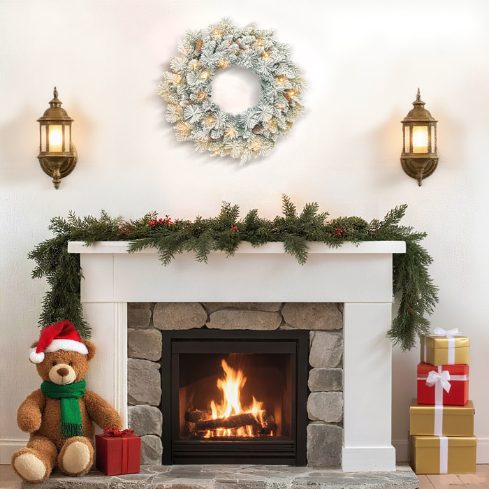 Couronne de Noël LED x 35 blanc chaud dia. 60 cm pommes de pin vert blanc