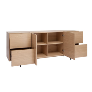 Buffet design finition bois clair chêne et métal noir 2 portes 4 tiroirs L180 cm ALASKA