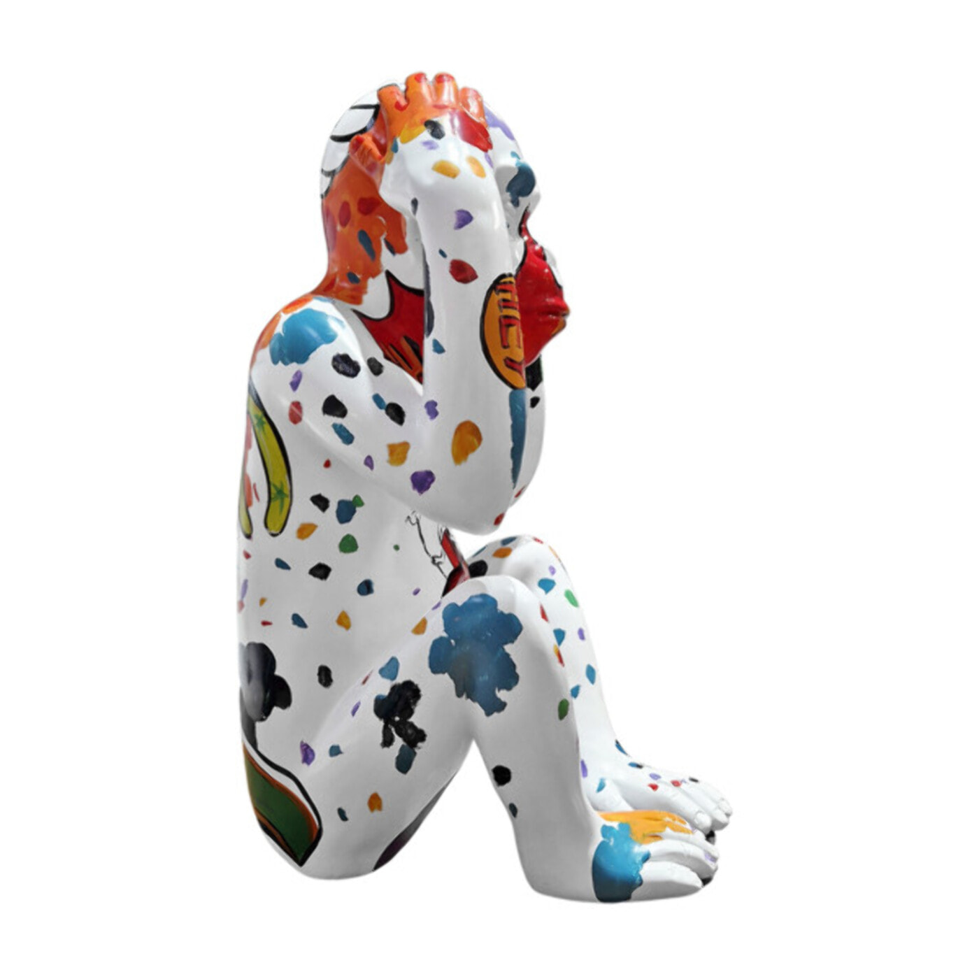 Statue singe blanc assis en résine multicolore H40cm - WHAT