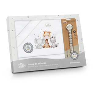 Juego de Sábanas para Cuna mod. Estampado Jirafa Elefante con Broche Muselina