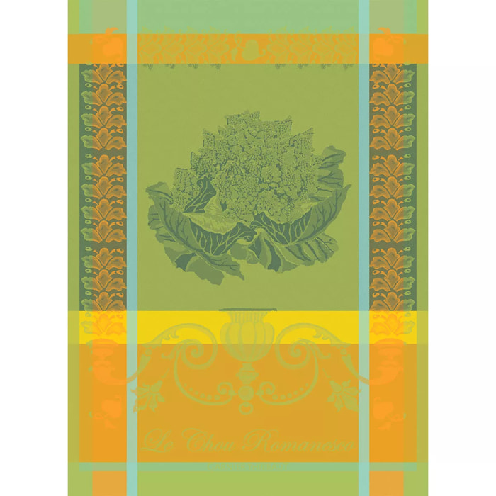 Torchon pur coton motif jacquard jaune vert Le chou romanesco vert