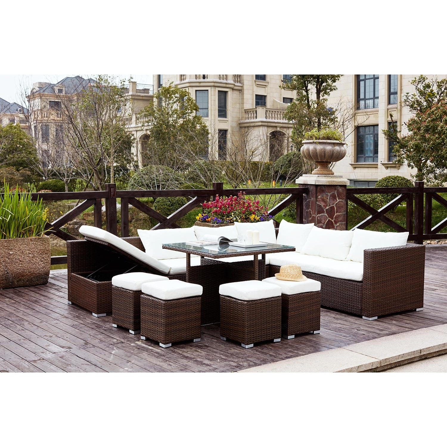 Salon de jardin encastrable 10 places en résine marron-blanc HAWAI