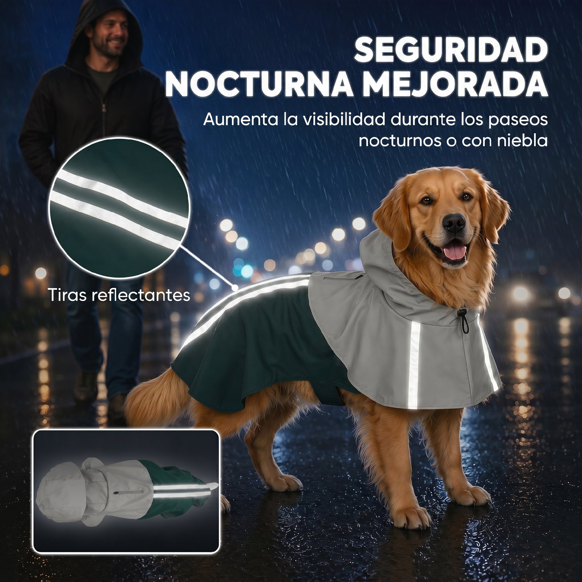 Impermeable para Perros con Capucha, Chubasquero Impermeable y Transpirable con Agujero para Correa, Tiras Reflectantes, Poncho Ajustable para Perros Grandes de 20-30 kg, L, Verde