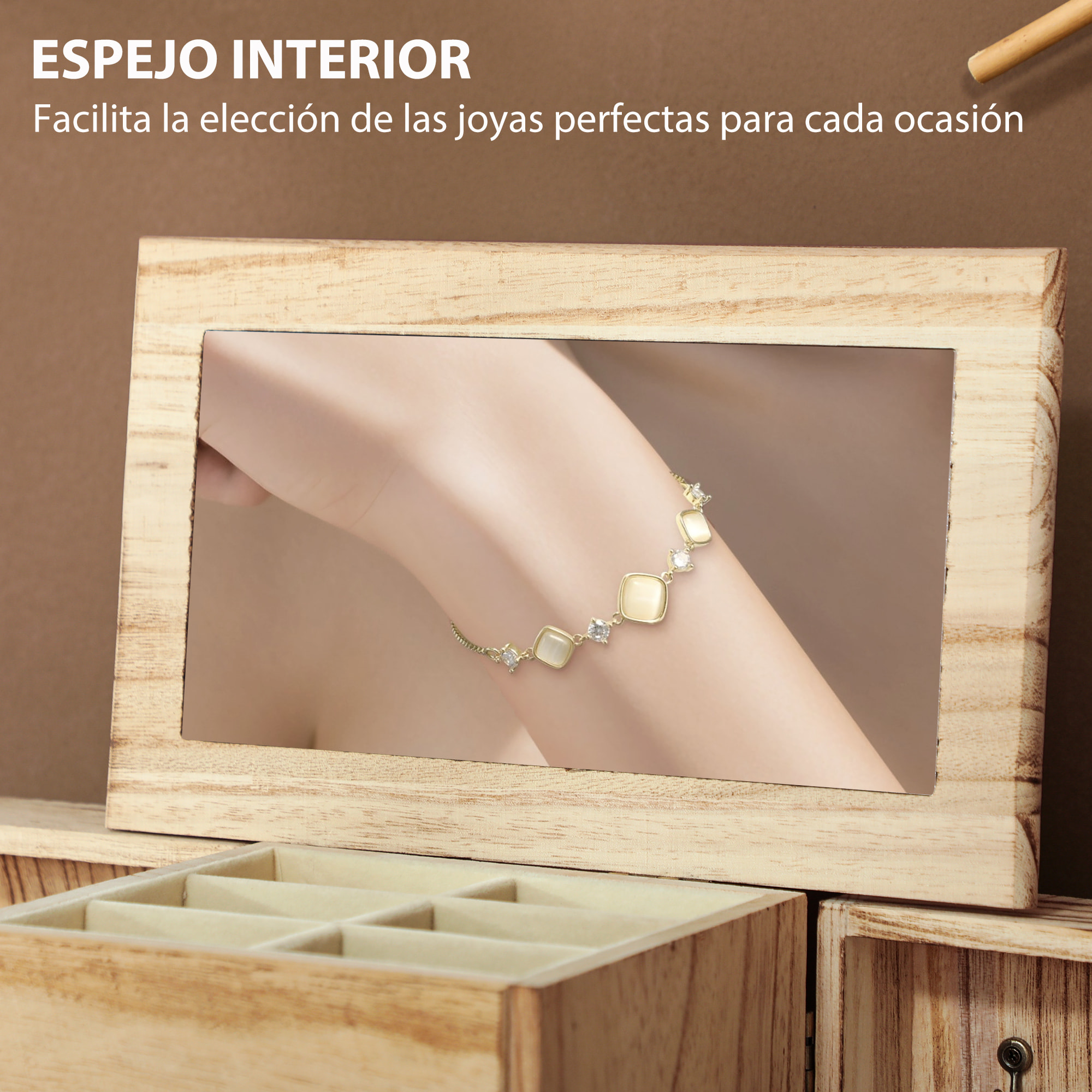 Caja Joyero de Madera de 4 Niveles Joyero Mujer Organizador Grande con 2 Cajones Espejo para Pendientes Anillos Collares Natural