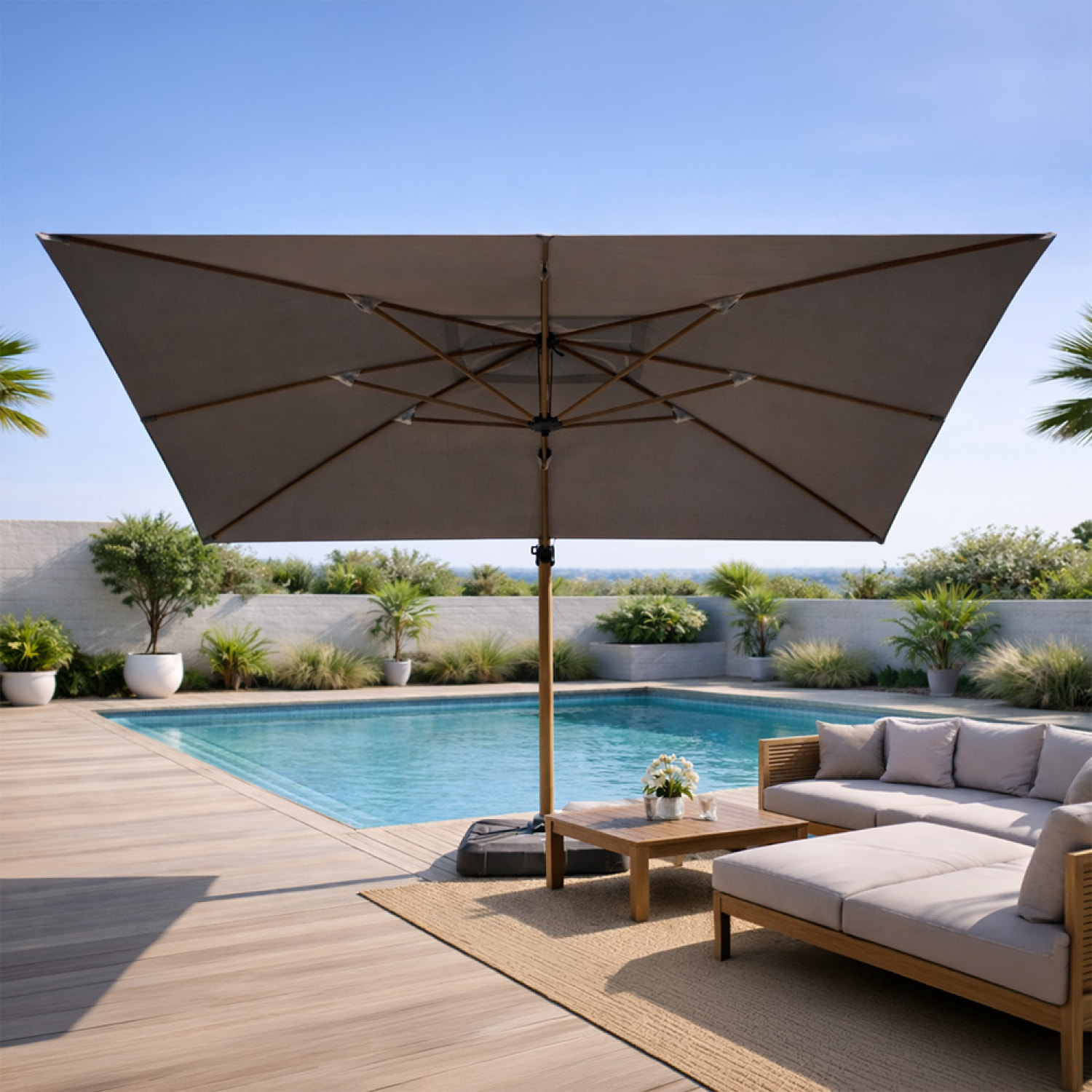 Parasol rectangulaire 3x4m déporté rotatif gris pied effet bois en aluminium NAVIA