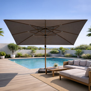 Parasol rectangulaire 3x4m déporté rotatif gris pied effet bois en aluminium NAVIA