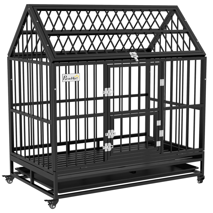 PawHut Jaula para Perros Grandes 123x74x125 cm Perrera Metálica con Ruedas Bandeja Extraíble Cerraduras 2 Puertas Frontal 1 Puerta en Techo y Marco de Acero Negro