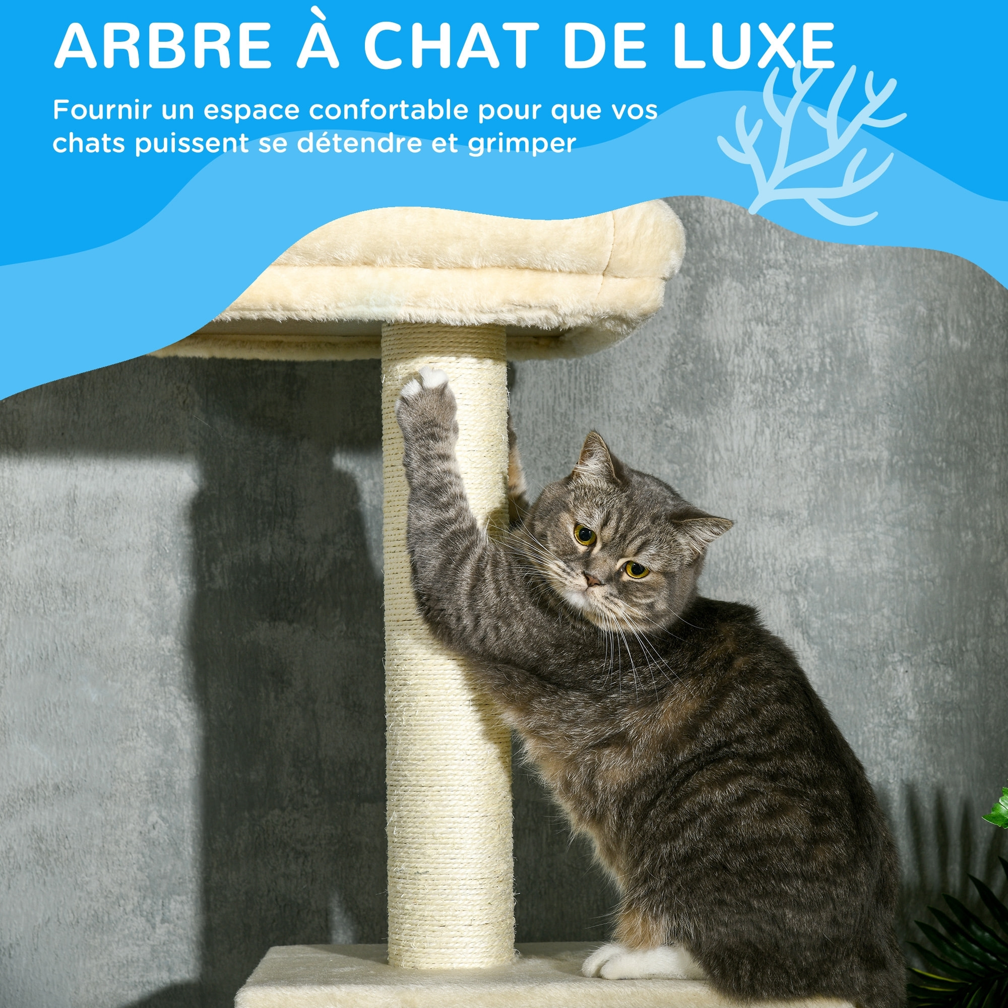 Arbre à chat hauteur réglable 230-260 cm - niche, 3 plateformes - douce peluche courte beige