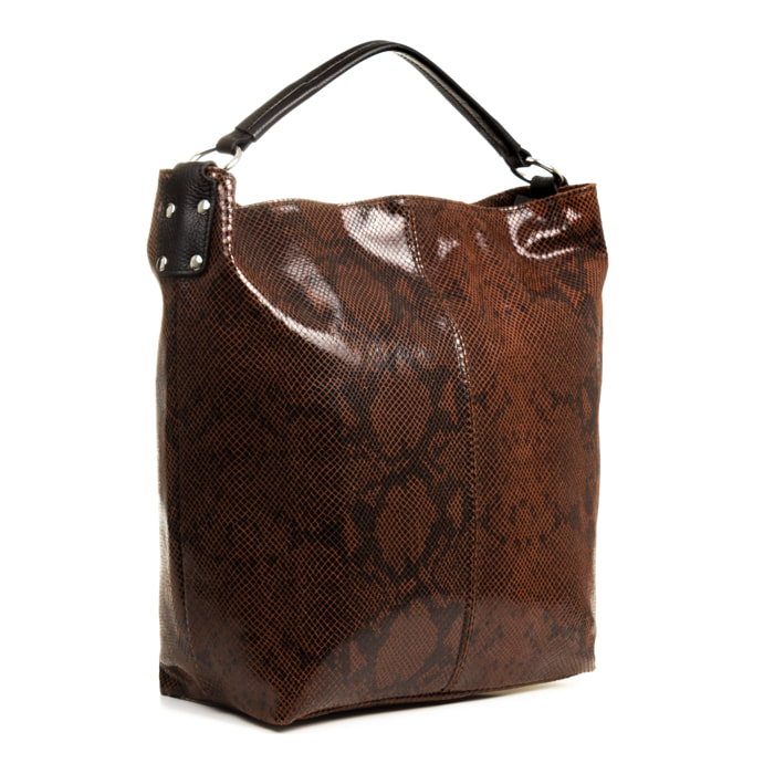FIRENZE ARTEGIANI Borsa Shopper da Donna Alagna. Vera Pelle Scamosciata Stampa Serpente Made in Italy 37x15x40 Cm. colore marrone