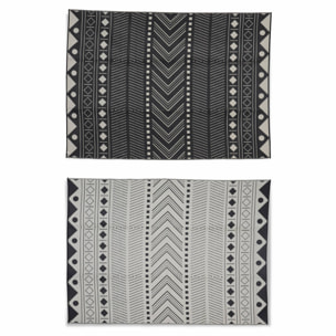 Tapis d’extérieur 270x360cm BAMAKO- Rectangulaire. motif ethnique noir / beige. jacquard. réversible. indoor / outdoor.