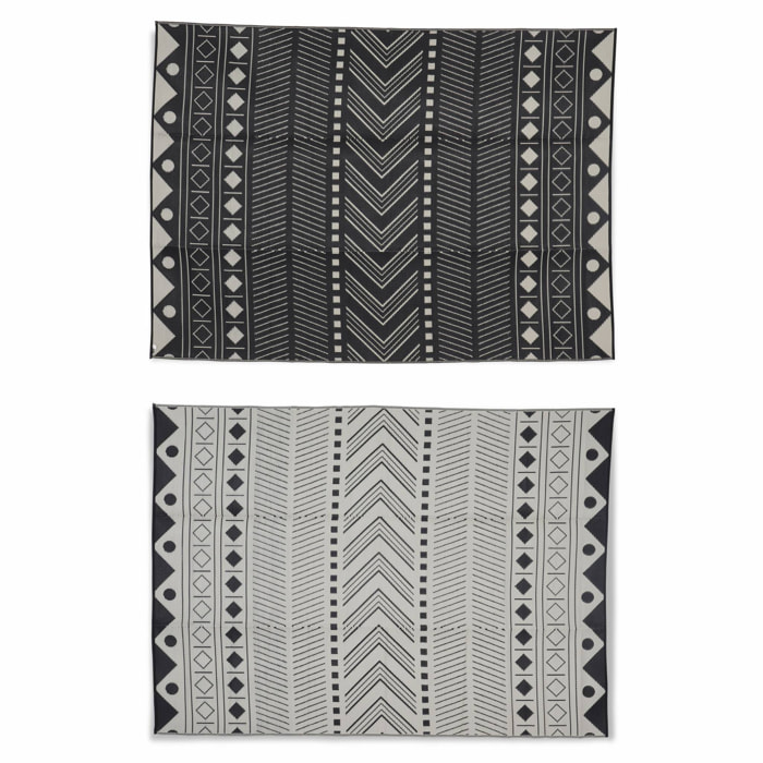 Tapis d’extérieur 270x360cm BAMAKO- Rectangulaire. motif ethnique noir / beige. jacquard. réversible. indoor / outdoor.