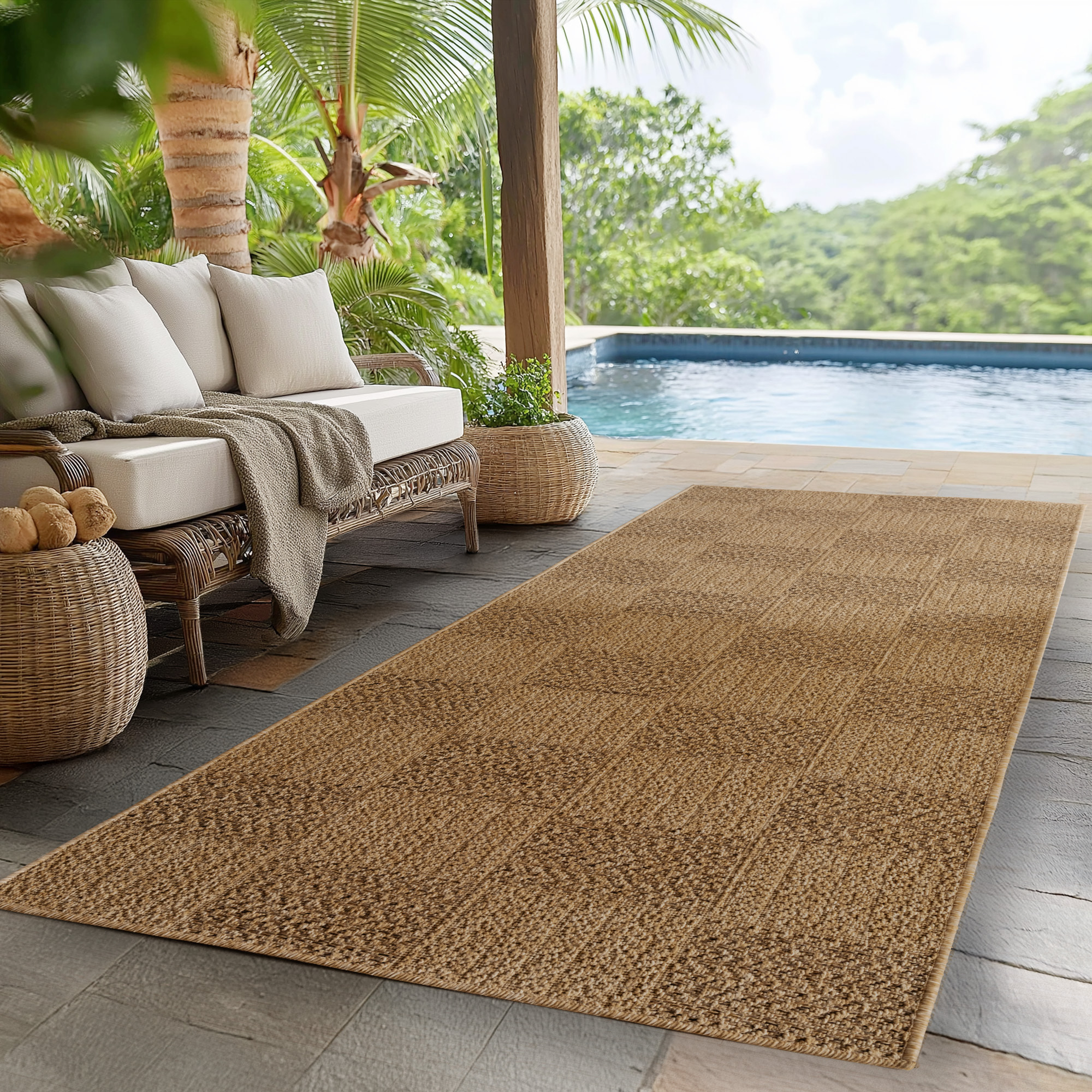 LINORA - Tapis intérieur/extérieur beige effet jute à motif damier