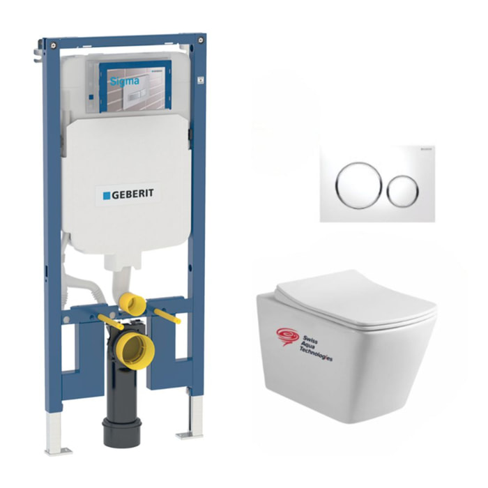 Pack WC Bati-support Geberit extra-plat UP720 + WC Swiss Aqua Technologies suspendu Infinitio + Abattant softclose + Plaque Blan