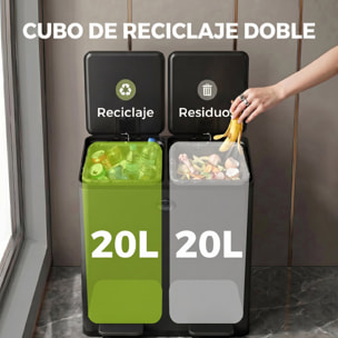 Cubo de Basura de Cocina con 2 Compartimentos 2x20L Papelera Cocina de Acero Inoxidable con Pedal Tapas de Cierre Suave y Cubo Extraíble para Reciclaje Residuos Restos de Comida Negro