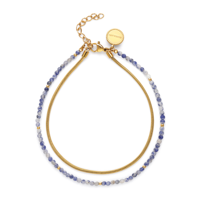 Tobillera Doble Cleopatra Azul Acero Baño Oro