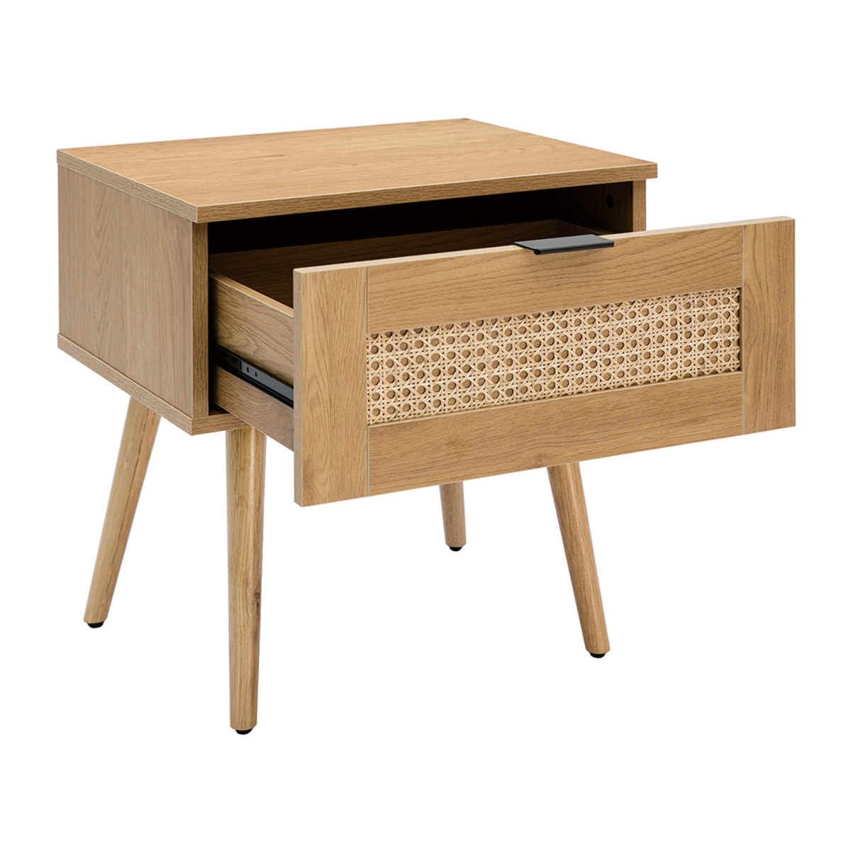 Table de chevet finition bois clair, cannage rotin et métal noir MANILLE