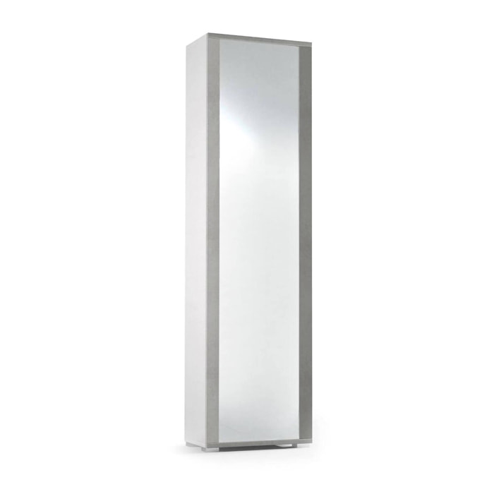 Scarpiera Asiago, Mobile multiuso da ingresso con anta a specchio , Armadio moderno portascarpe a 7 ripiani, 100% Made in Italy, 50x32hx182 cm, Bianco e Cemento