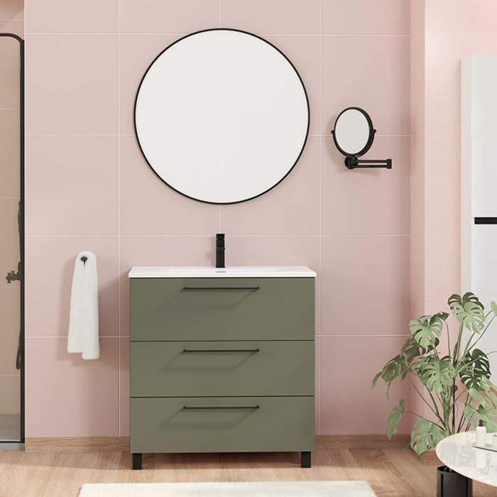 Conjunto de baño Haru | Mueble de baño con patas | 80 cm Verde Musgo| Tres cajones | Lavabo encastrado | No incluye espejo | Alday