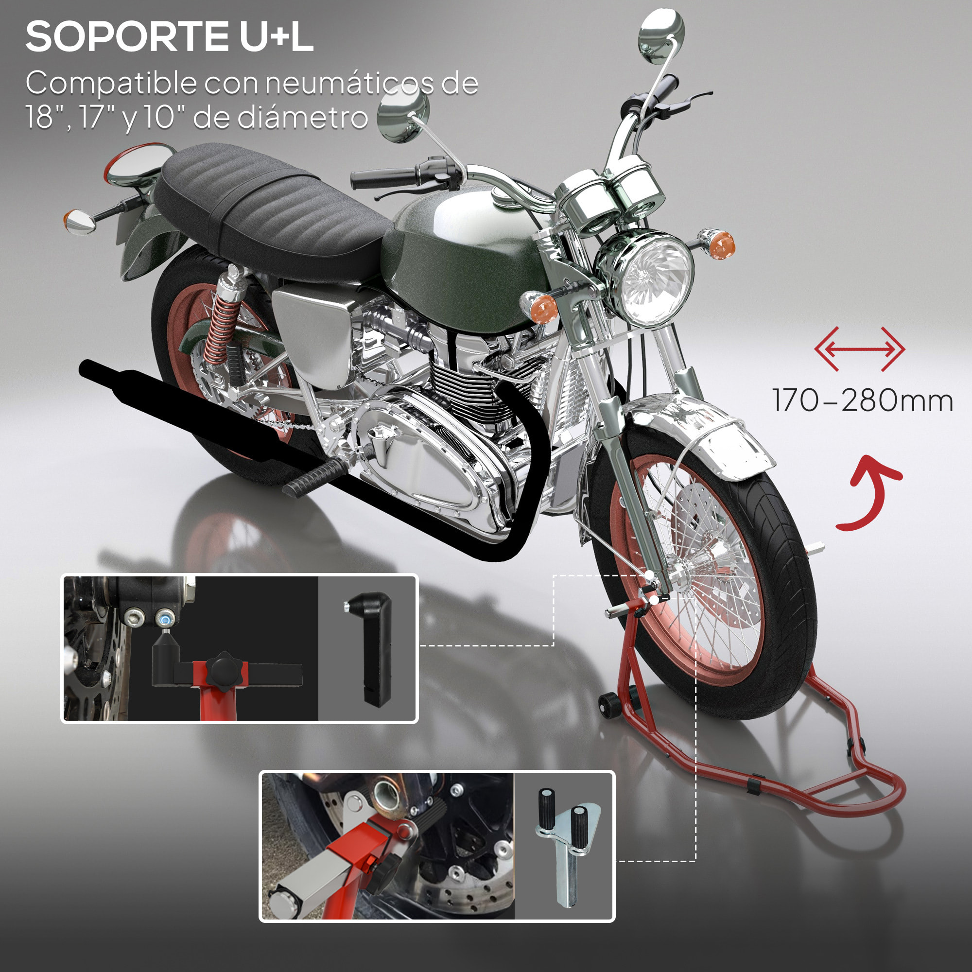Caballete de Moto Soporte Delantero Universal de Acero para Rueda de 10" 17" 18" Carga 200 kg con Horquillas en U y L Ajustables, Ruedas y Almohadillas Antideslizantes para Reparación en Garaje