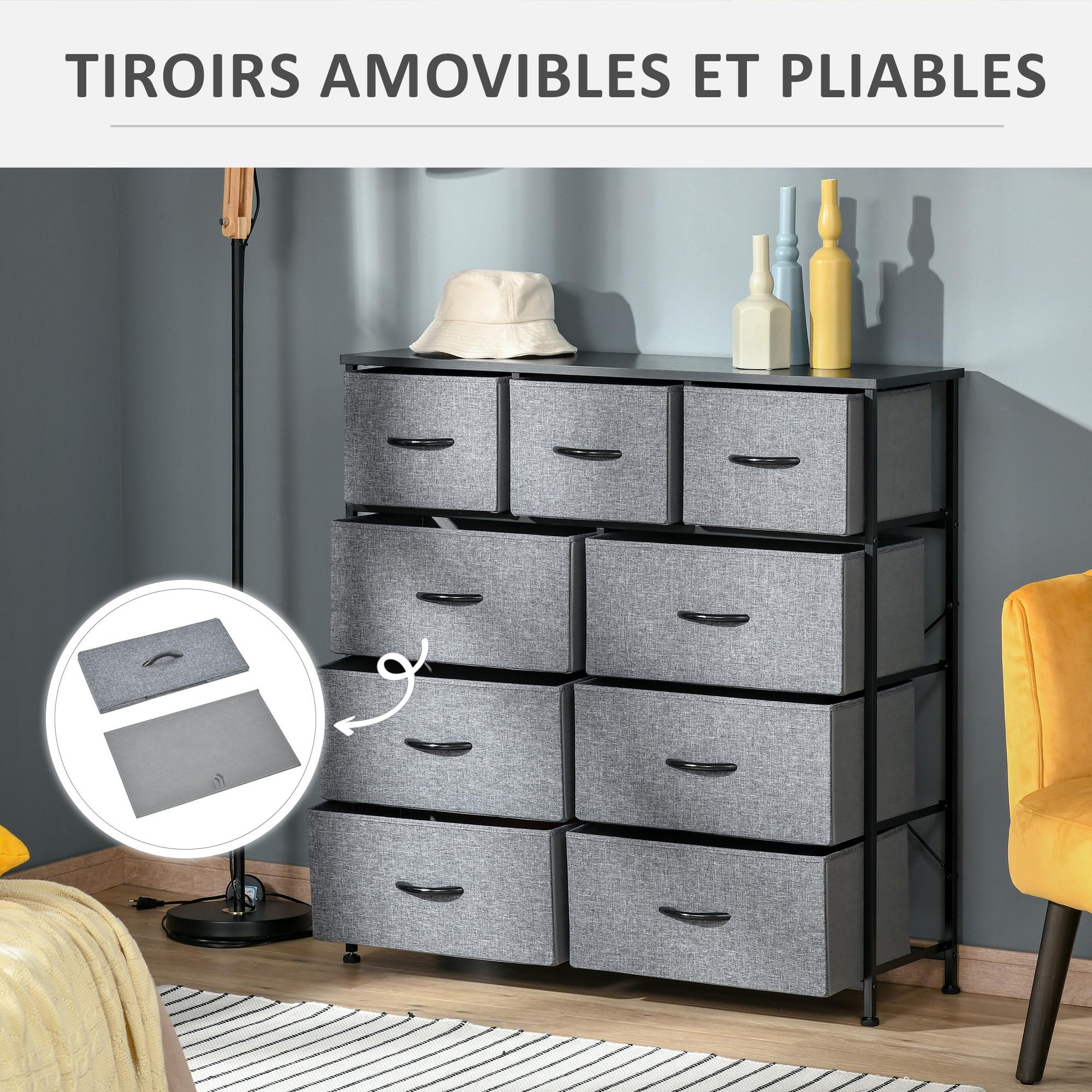 Meuble de rangement commode 9 tiroirs plateau acier MDF noir non tissé gris