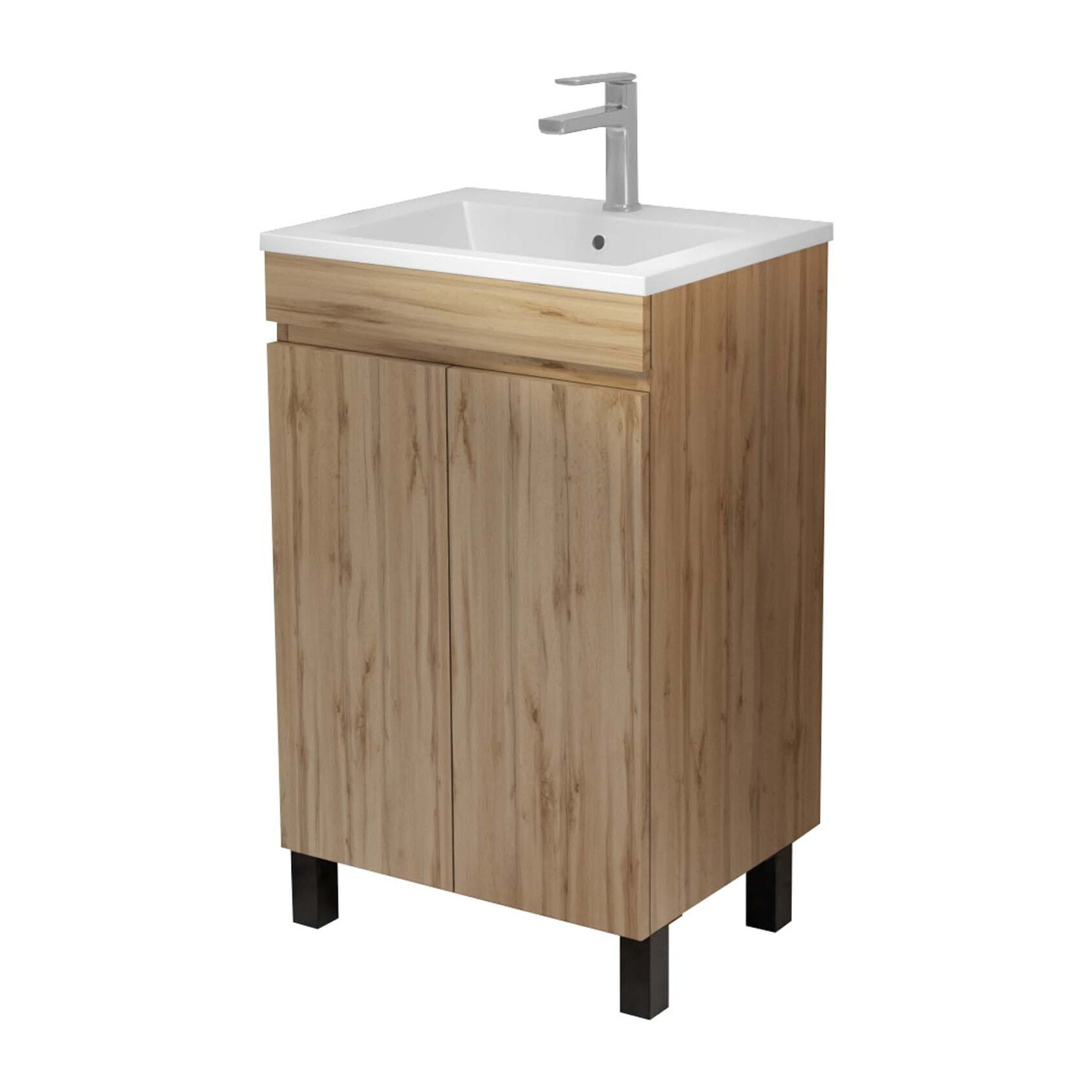 Meuble de salle de bains 50 cm Décor Chêne Naturel à portes avec Vasque céramique blanche