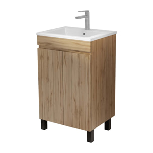 Meuble de salle de bains 50 cm Décor Chêne Naturel à portes avec Vasque céramique blanche