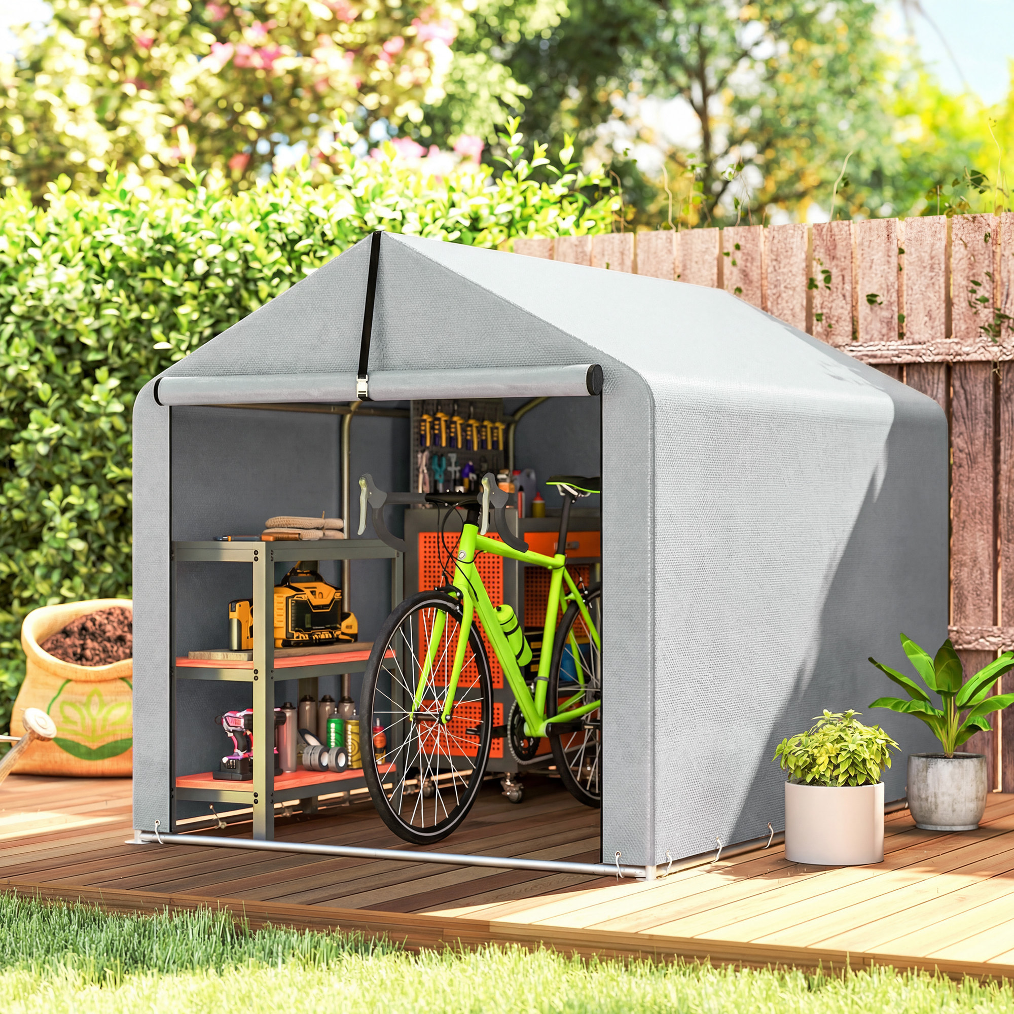 Carpa de Jardín Exterior para Herramientas, Bicicletas, 1,6x2,2x1,6 m, Cobertizo Exterior con Marco de Acero Galvanizado, Puerta Enrollable, Impermeable, Anti-UV, Garaje Portátil, Gris
