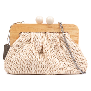 BeneLario Bolso bandolera Mujer. Tela con detalles de madera natural y piel sintética.