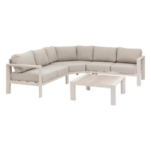 Salon d'angle de jardin "Évasion" argile & lin 5 places en oléfine et aluminium