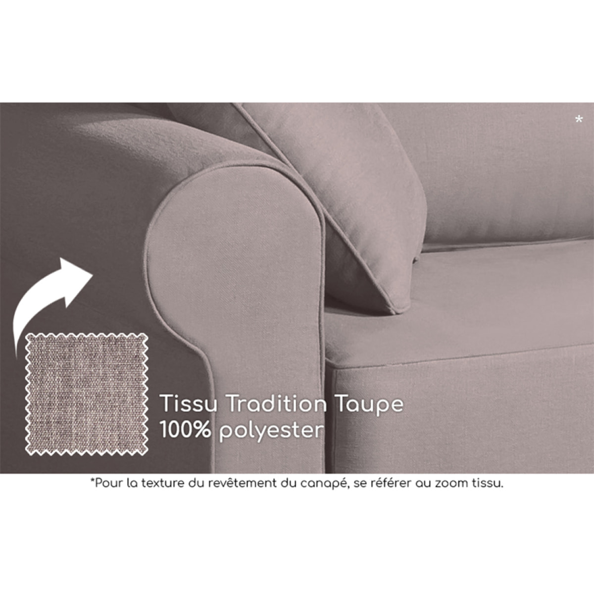 Canapé 5 pl COLME 230 cm fixe tissu Tradition Taupe - 100% déhoussable - Fabriqué en France