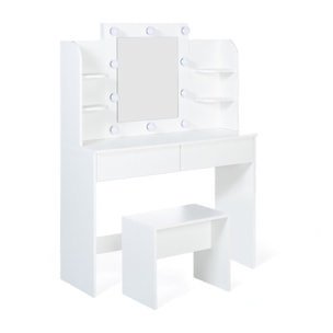 Coiffeuse Zélia blanche avec étagères, miroir LED + tabouret