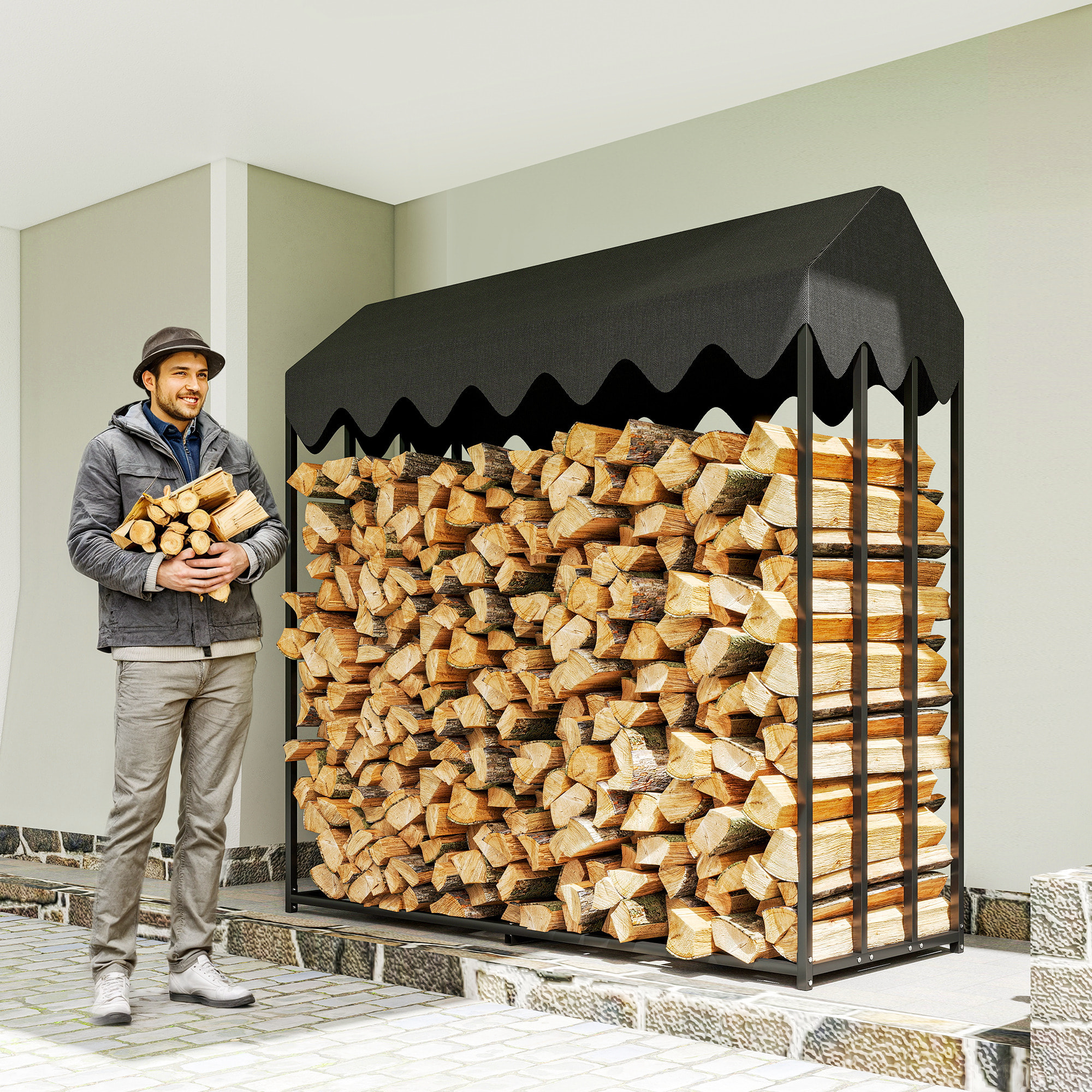 Estante de Leña Metálico, 186x70x185 cm, Leñero Exterior con Cubierta Impermeable 600D Oxford, Marco de Acero, Soporte para Leña de Chimenea, Carga 300 kg, para Jardín, Terraza