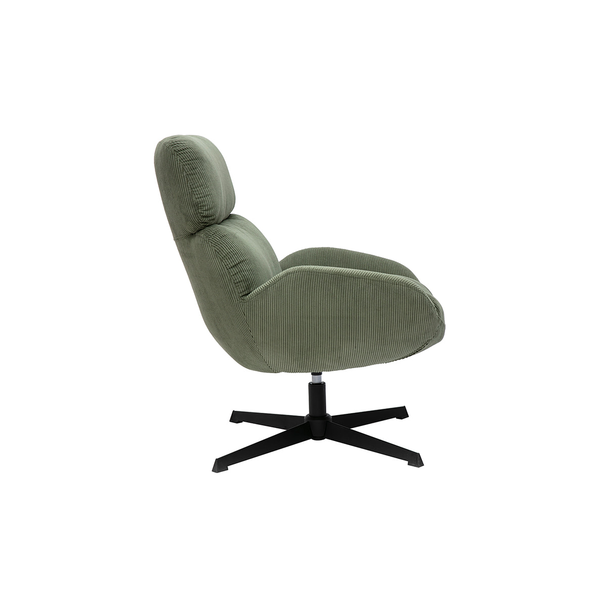 Fauteuil pivotant en tissu velours côtelé vert kaki et métal noir KLEM