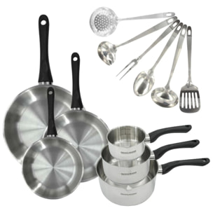 Set 3 poêles 20 24 et 28 cm, 3 casseroles en inox et 6 ustensiles inox Fackelmann Geneva