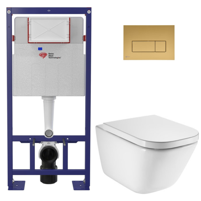 Pack WC bâti-support autoportant + WC suspendu sans bride avec abattant SoftClose + plaque or mat (STROGAWR08-U)