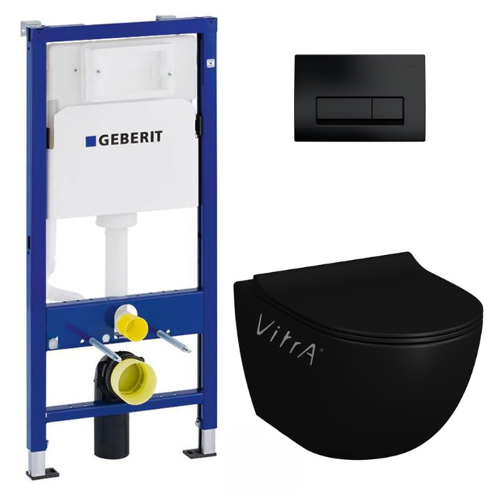 Pack WC Bâti-support Duofix + WC sans bride Vitra SENTO noir mat + Abattant frein de chute + Plaque noire mat